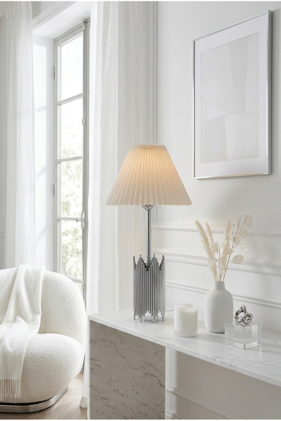AKSESUAR EVRENİ Yelena Modern Silver Decorative Lampshade Pleated Headboard P...