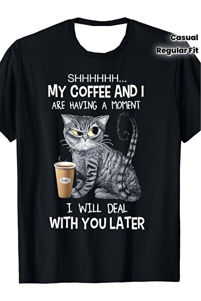 yiou trendy clothing تي شيرت رجالي مطبوع عليه Fun Coffee Cat