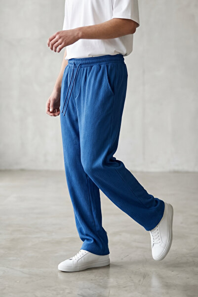 modasende Men's blue twill relaxed fit sweatpants with elastic waistband