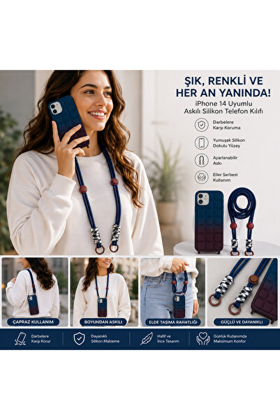 Nettech iPhone 14 Askılı Silikon Kılıf Boyun Askılı Telefon Kılıfı