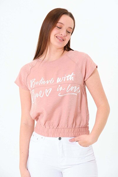 Sortie Bluză de damă cu mâneci raglan, imprimeu text, talie elastică, roz