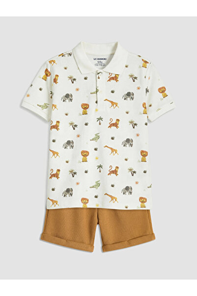 LC Waikiki Set pantaloni scurți pentru băieți cu model animal ecru LCW