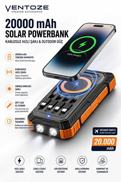 Ventoze 20000 mAh Güneş Enerjili Solar Powerbank Kablosuz Hızlı Şarj Cihazı K...