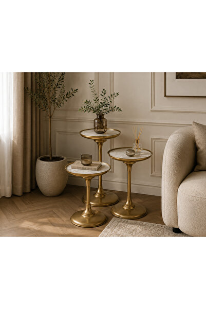 ByAtholyeYamac Tokyo Gold Statik Boya 3 lü Oturma Odası Yan Sehpa