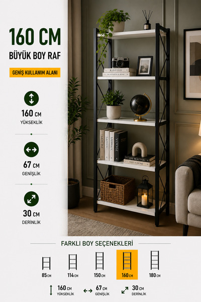 FURNICI Çok Amaçlı Metal 5 Raflı 67x160cm BEYAZ Dekoratif Kitaplık Raf Ünitesi