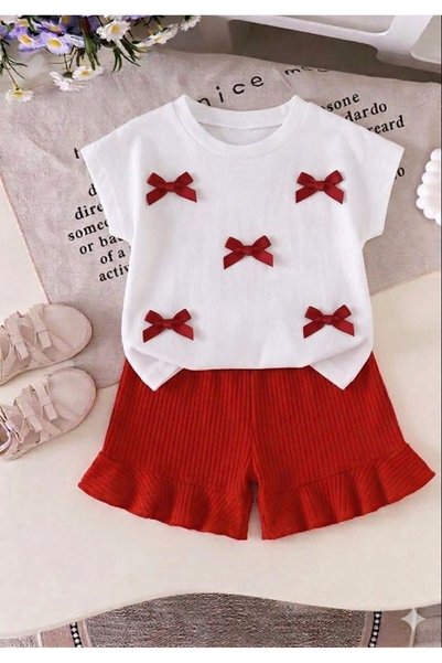 Entel Bow Detailed Tshirt Shorts Girls' Top and Bottom Set