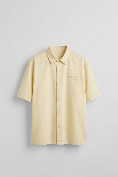 ablukaonline Men's Boxy Fit Embroidered Detailed Cotton Short Sleeve Shirt Ye...
