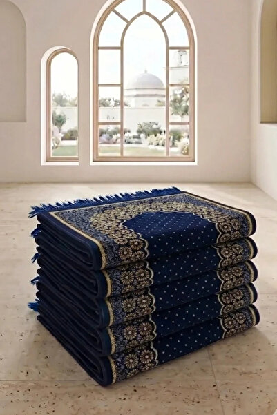 LUGMO 5 Pieces Velvet Prayer Rug Navy Blue Roses Hajj and Umrah Gift 500 Gr