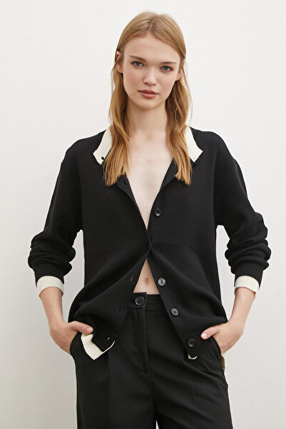 TRENDQUEL Double Collar Buttoned Cardigan Black