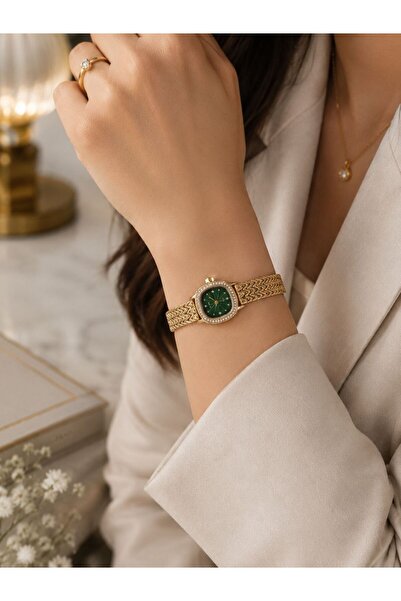 Line Kadın Gold Taş Detaylı Vintage Kol Saati – Yeşil/Altın Kadranlı Şık Bile...