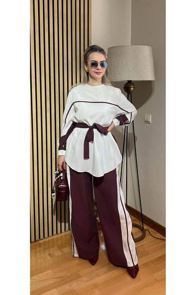 Cardella Lavin Premium Tnsl Fabric Stripe Detailed Belted Suit - Hijab Compatible Pantsuit