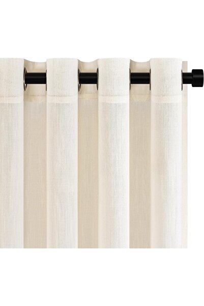Topfinel Perdele crem din in, pentru living, voal semi-transparent cu inele, ...