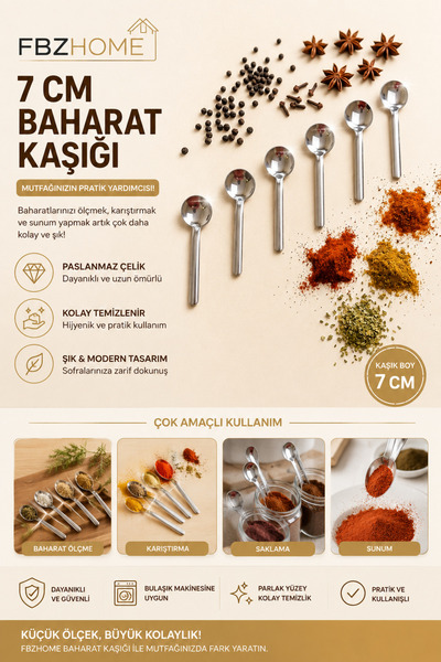 FBZhome 6 Adet Paslanmaz Çelik Baharat Kaşığı - Metal Kaşık