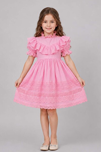 Riccotarz فستان وردي للفتيات مع ياقة وأطراف أكمام مطرزة بالدانتيل، وحافة تنور...