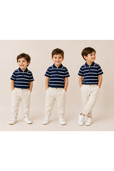 Canöz Kids Navy Blue Striped Mercerized Boys' Suit