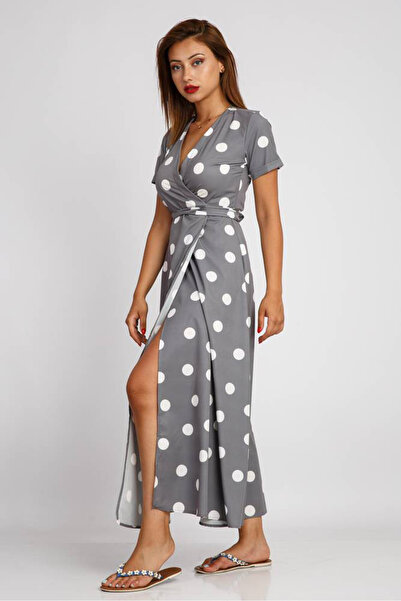 FIRST STYLE Turkish Maxi Dress in Gray Color Soft and Elegant Polka Dot Patte...