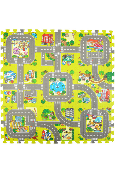 FizioTab EVA Foam Puzzle Mat, 9 Pieces, Street and Animal Print, 90x90 cm