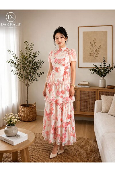 Moda Banuş Pink Sakura Flower Patterned Dress