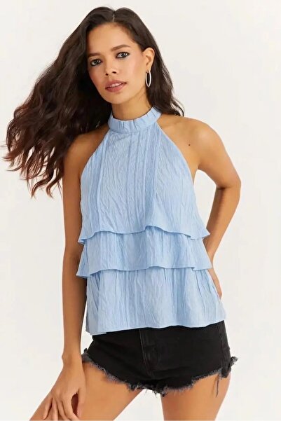 Cool & Sexy Bebeljubavna plava bluza sa slojevitim volanima i halterom