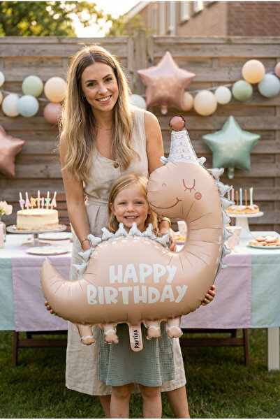 Partixa Happy Birthday Retro Açık Kahverengi Dinozor Temalı Folyo Balon Çocuk...