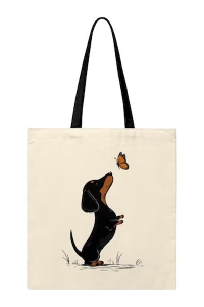 OEM Canvas bag with zipper, with two handles, cheerful Dachshund image