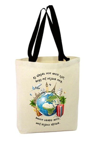 OEM Canvas bag with zipper, black handle, travel text in Hungarian