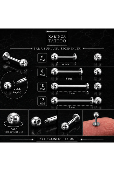 Karınca Piercing Taşlı Tragus Piercing Side Labret Dudak Snake Bites Kulak Lo...