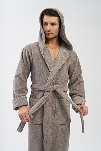 Nuşa Men's Hooded Collar Pyramid Bamboo Cotton Soft Absorbent Luxury Bathrobe