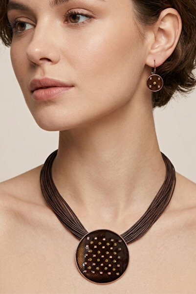 PETEK AKSESUAR Multiple Leather Cord Stone Necklace and Earrings Set