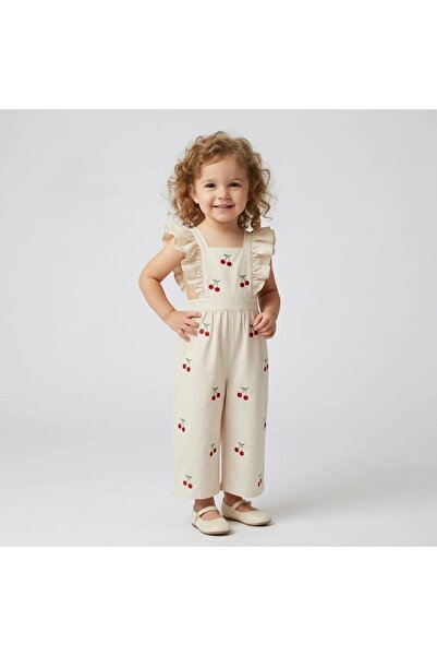 Teeny Weeny Kids Girl's Cherry Patterned Linen Jumpsuit with Back Detail