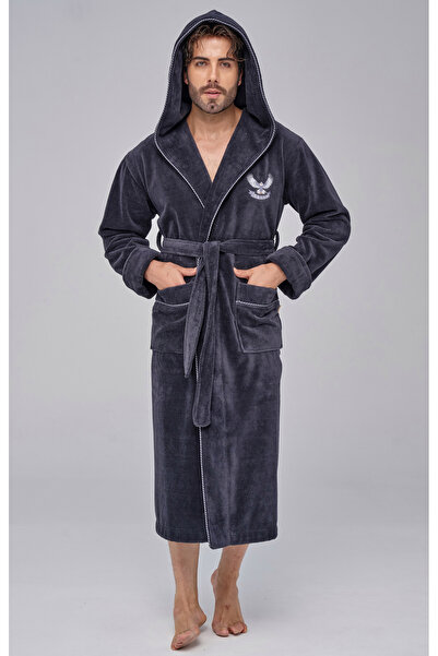 Nuşa Men's Hooded Eagle Embroidered Bamboo Cotton Soft Absorbent Luxury Bathrobe
