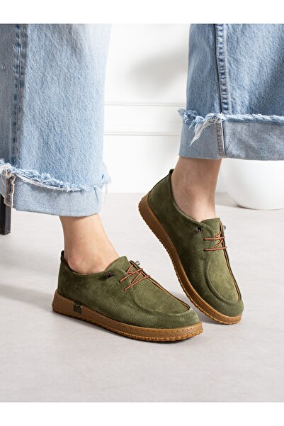 ALEMDAR AYAKKABI Zeze Khaki Green Genuine Suede Leather Women's Loafer