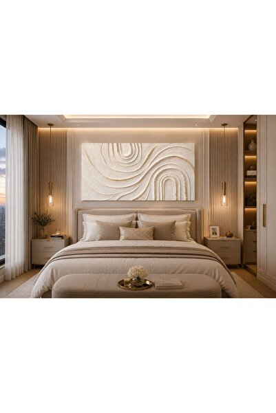 FTRMALZEMECİM Modern Soyut Dalga Desenli Kanvas Tablo | Gold Çizgili Bej Krem...
