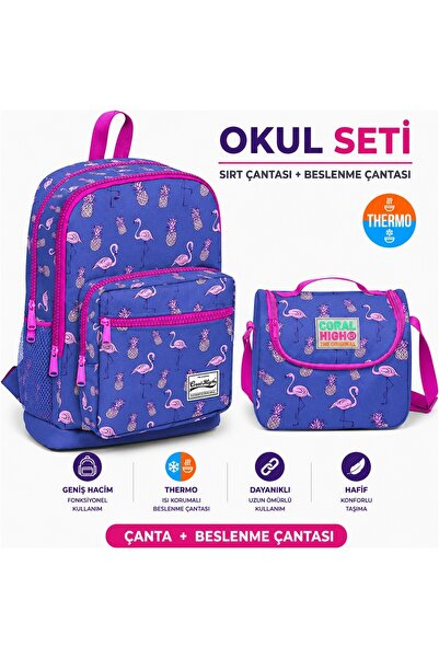 Coral High Rucsac școlar cu model flamingo 23112+ Cutie de prânz pentru fete ...