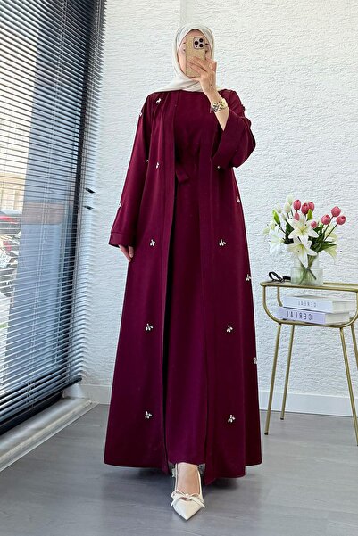 MELEK ARAZ Set Abaya dublu brodat cu pietre - Roșu Claret
