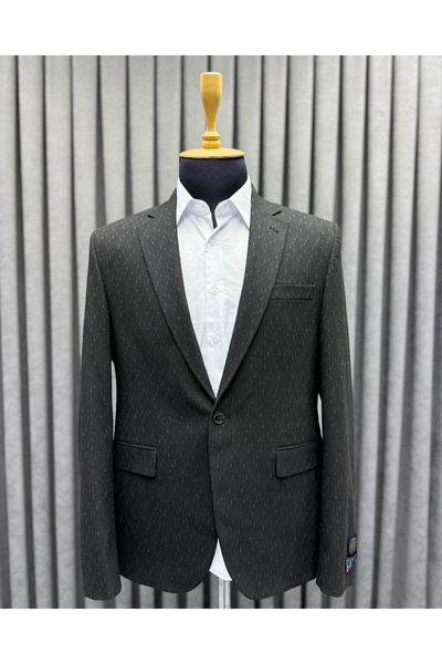 Avni Ceylan Men's Black Single Button Gray Blazer Jacket