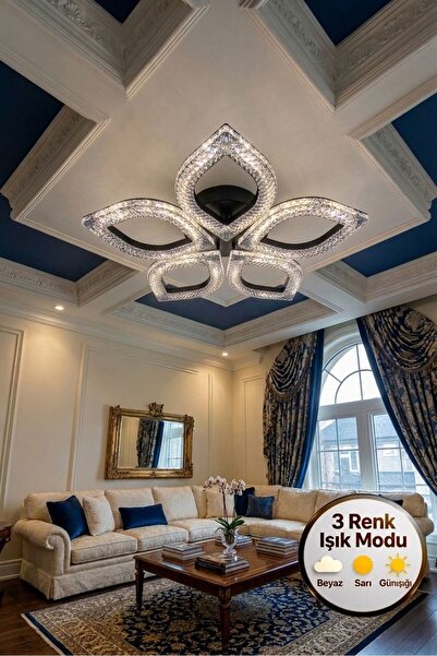 Lüxev Lighting Flora Model Siyah 5"li Ledli 3 Renk Modu Kristal Salon Mutfak ...
