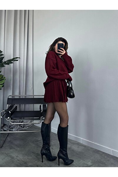 POİNE Stylish Pleated Oversized Sweater and Skirt Casual Knitwear Set