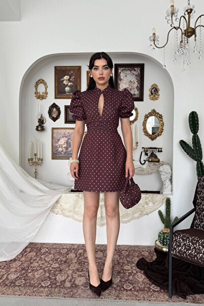 Caddebostan Moda Polka Dot Cut Out Detailed Balloon Sleeve Mini Dress