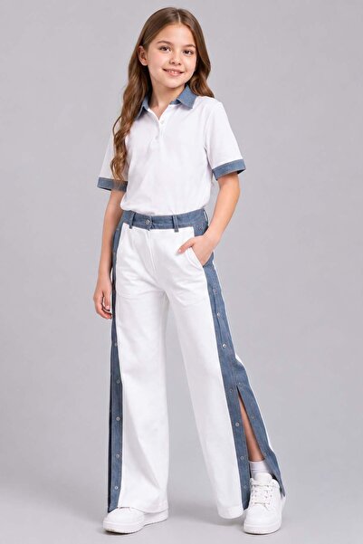 Riccotarz Girl's Polo Collar T-Shirt with Jean Detail on the Sleeves and Whit...