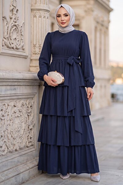 hafsamina Elastic Waist Tied Layered Modal Dress Navy Blue Hm2915