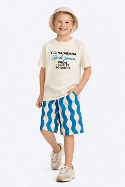 aura7 collection Boys' Copacabana Back Printed Blue Striped Shorts Set