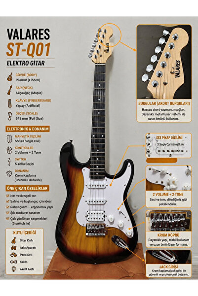 valares ST-Q01 Sunburst Elektro Gitar | Profesyonel Sahne Performansı | Full ...