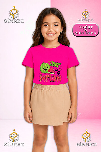 SİNREZ Girl's Set Watermelon One Melon Printed Short Sleeve T-Shirt Shorts Skirt