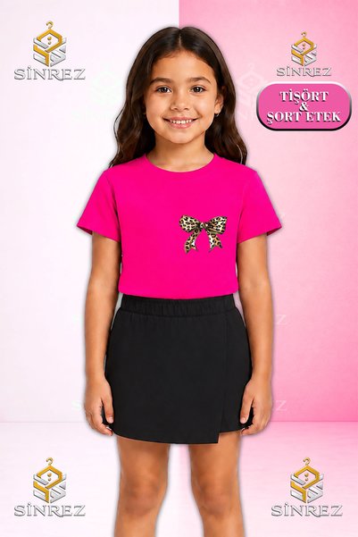 SİNREZ Set pentru fete KURDALE LEOPARD PATTERN UST Tricou cu mânecă scurtă im...