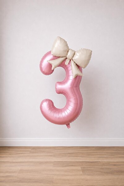 Patladı Gitti Cream Bow & Pink 3 Number Foil Balloon Set