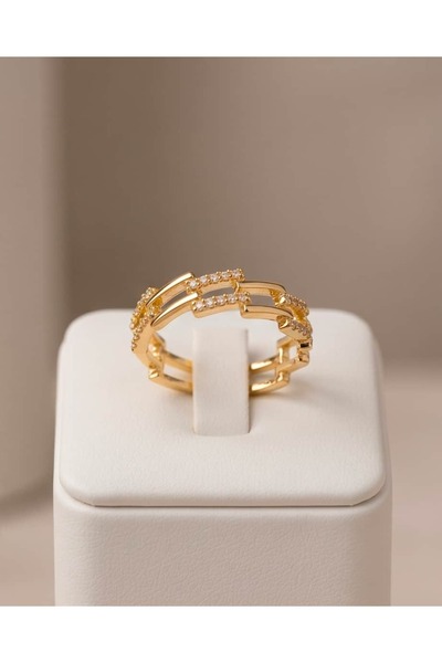 Portakal Esintisi Linkora Inlaid Zircon Stone Chain Ring Adjustable Ring