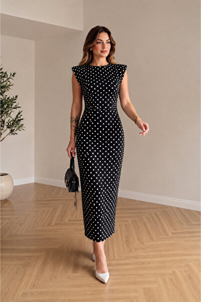 Roza Moda Collection Yeni Sezon Puantiyeli Midi Elbise | Vatkalı Omuz Detaylı...