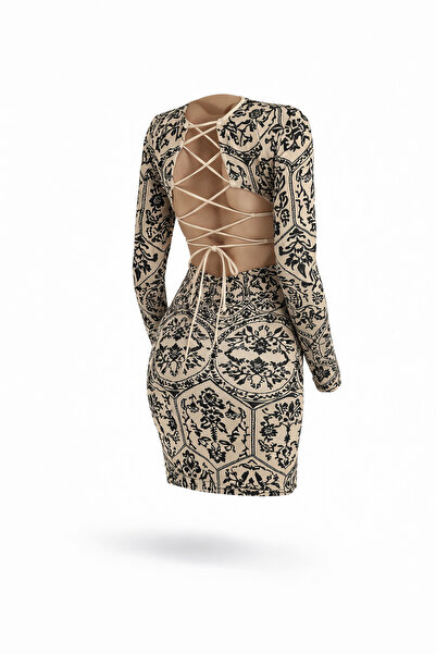 OEM Baroque Print Short Dress with Open Back – Blue Red Beige Black