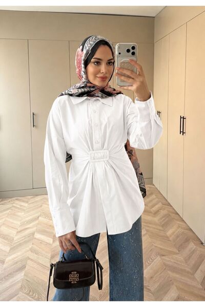 Sara Deluxe Belted Fetayli Poplin Tunic Shirt - Stylish Cut